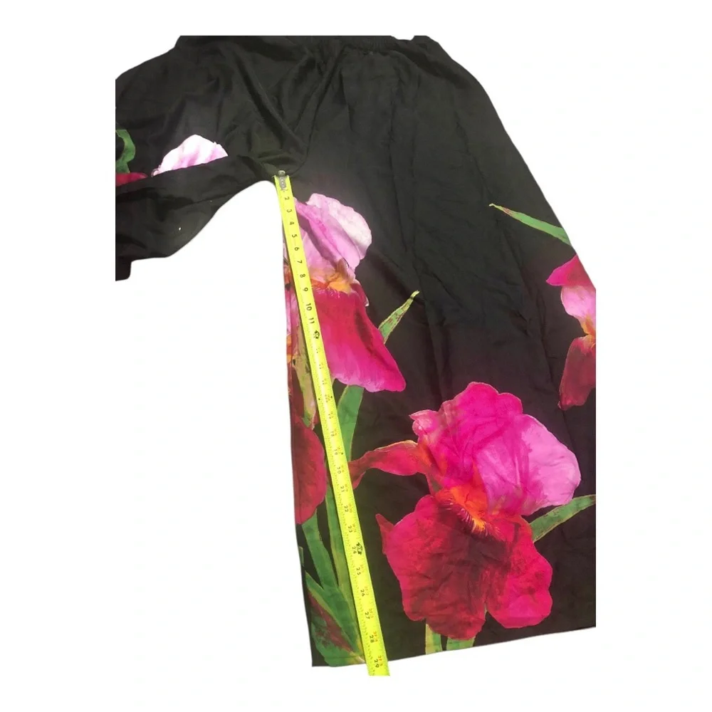 Black pink hibiscus floral tropical print hem wide leg flowy pants size XL new - Picture 15 of 17